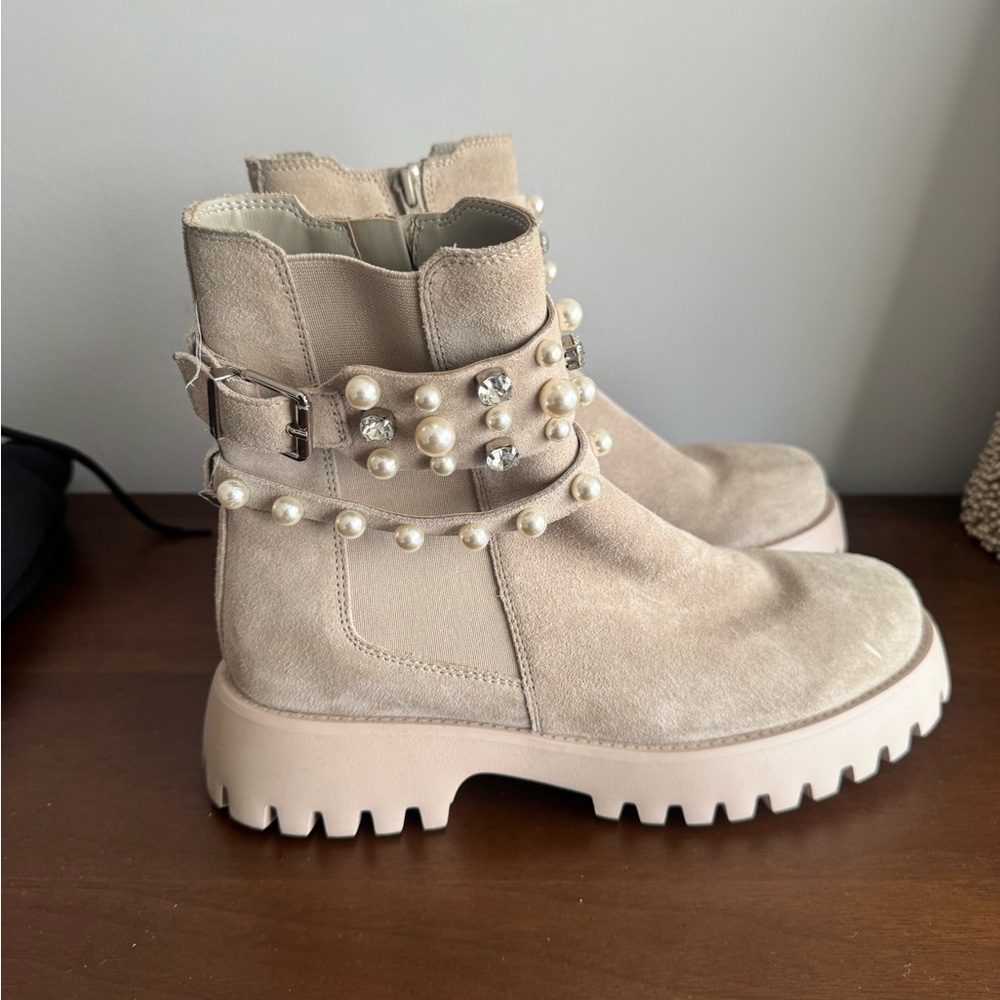 Van Eli Beige Ankle Boots with Pearl Accents